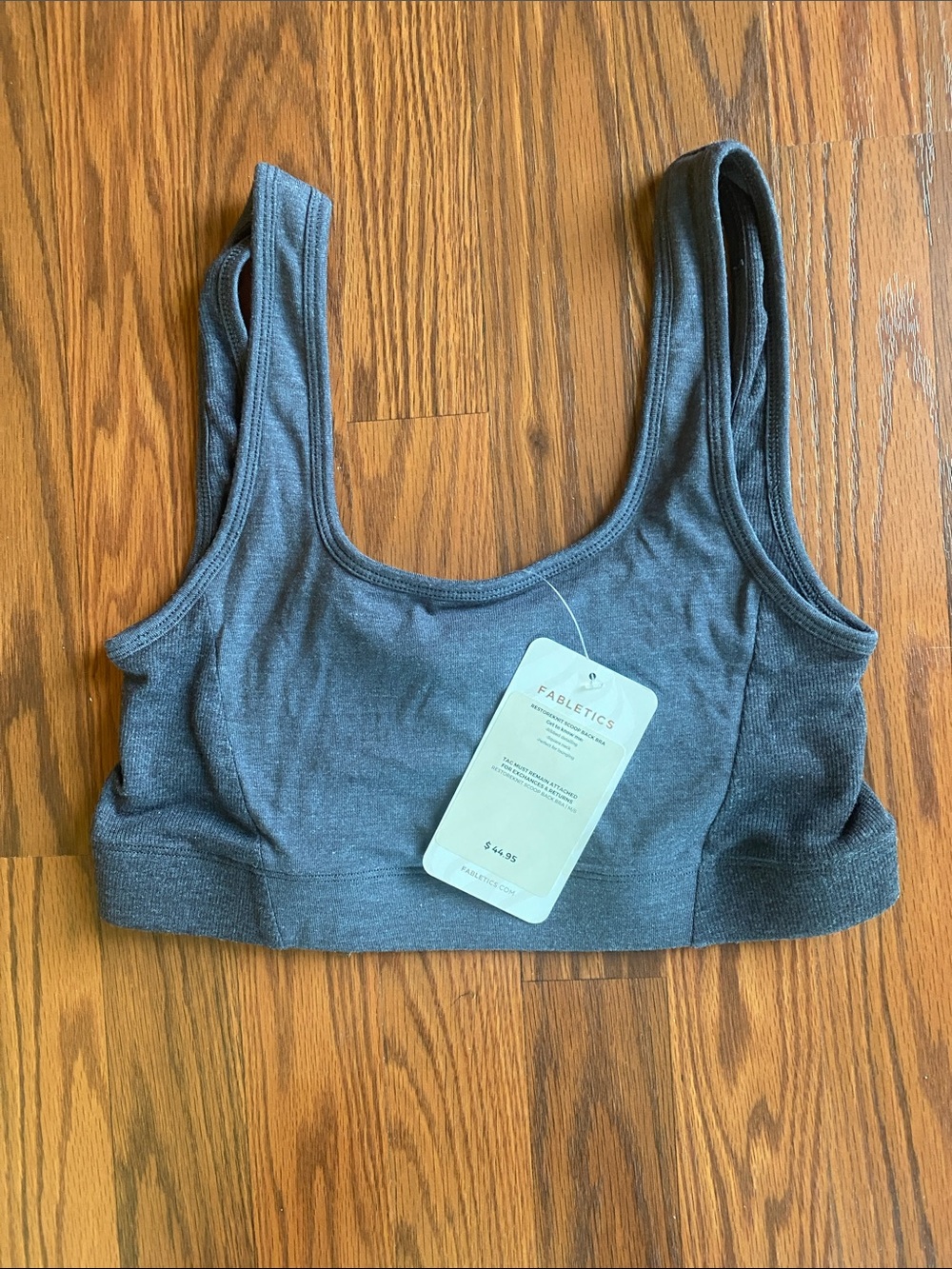 Fabletics Charcoal Gray Scoop back knit bra.
